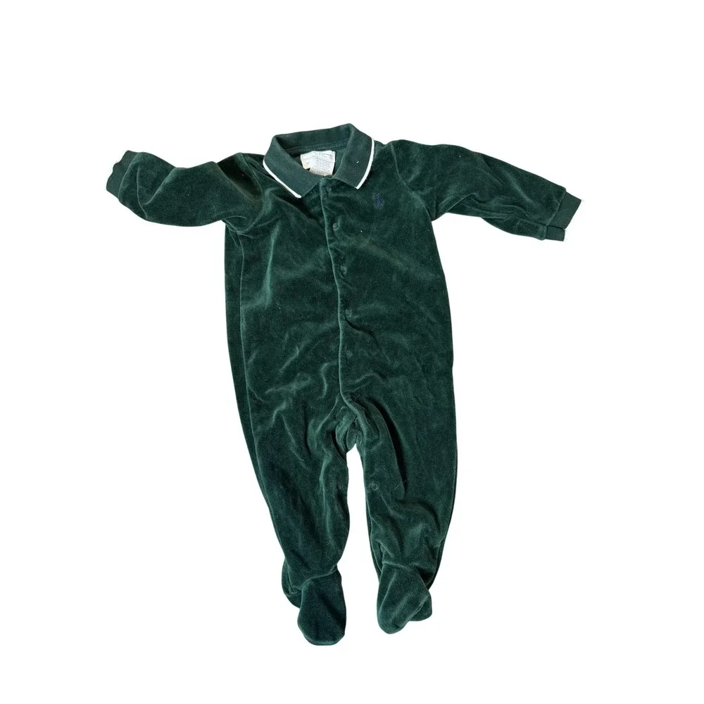 Ralph Lauren Footed Coverall Baby 6M Green Velour Polo Collar Snap One-piece